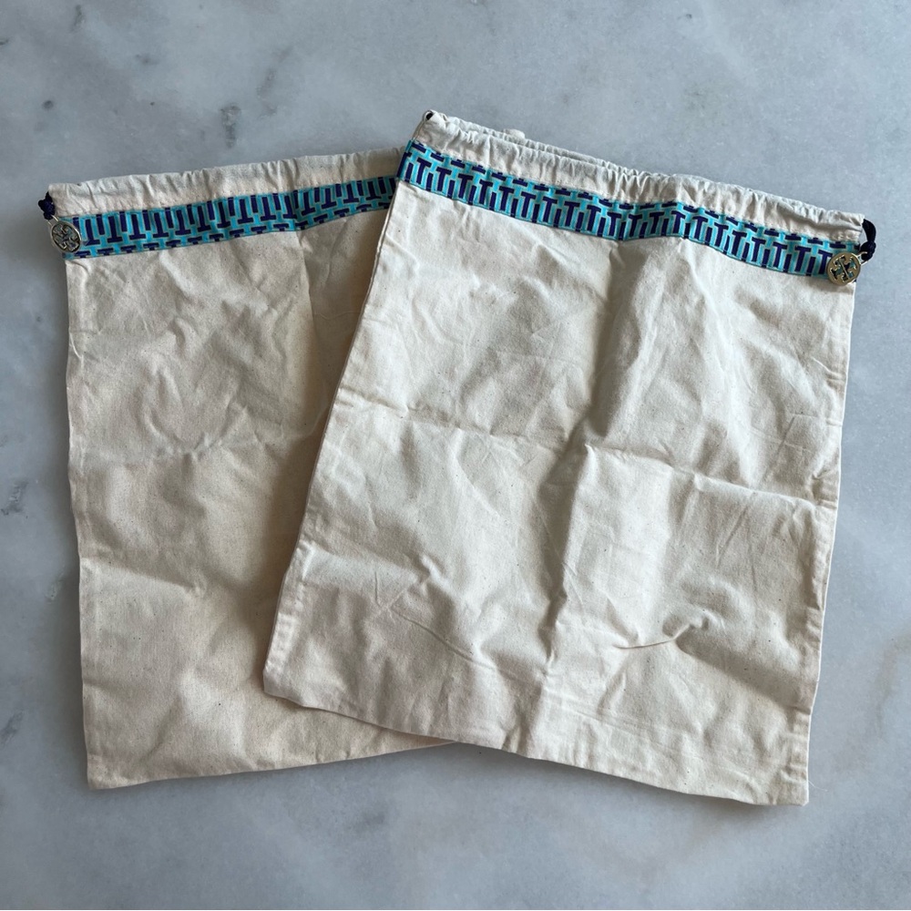 Set of Two Tory Burch Drawstring Dustbags with Blue Trim and Gold Logo 12 x 14